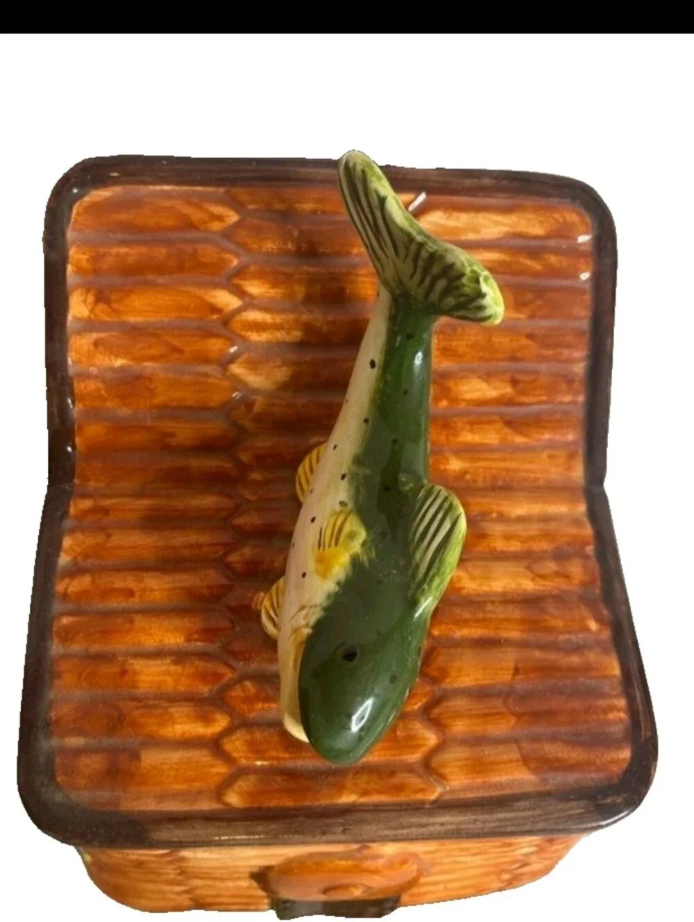 Vintage Mercuries Ceramic Fishing Creel Cookie Jar Salt Pepper Shakers Set Bass